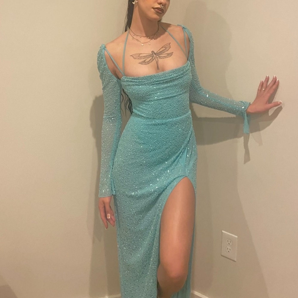 Oh Polly Embellished Cowl Neck Maxi Dress in Aqua